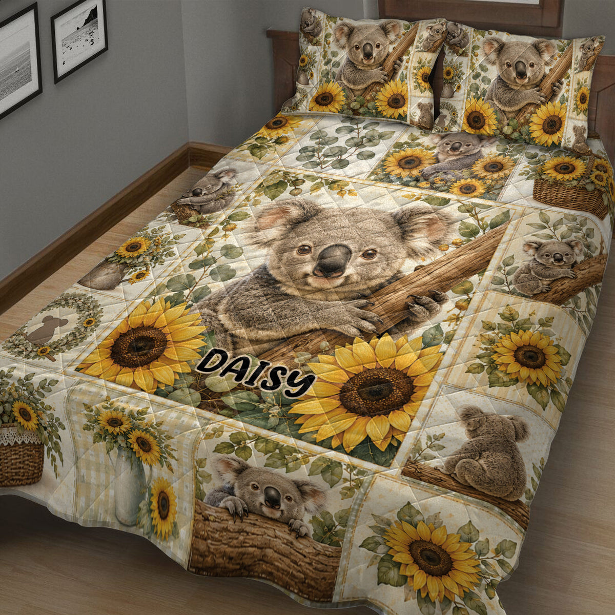 Koala quilt blanket displayed in a cozy bedroom with eucalyptus leaves and sunflower panels