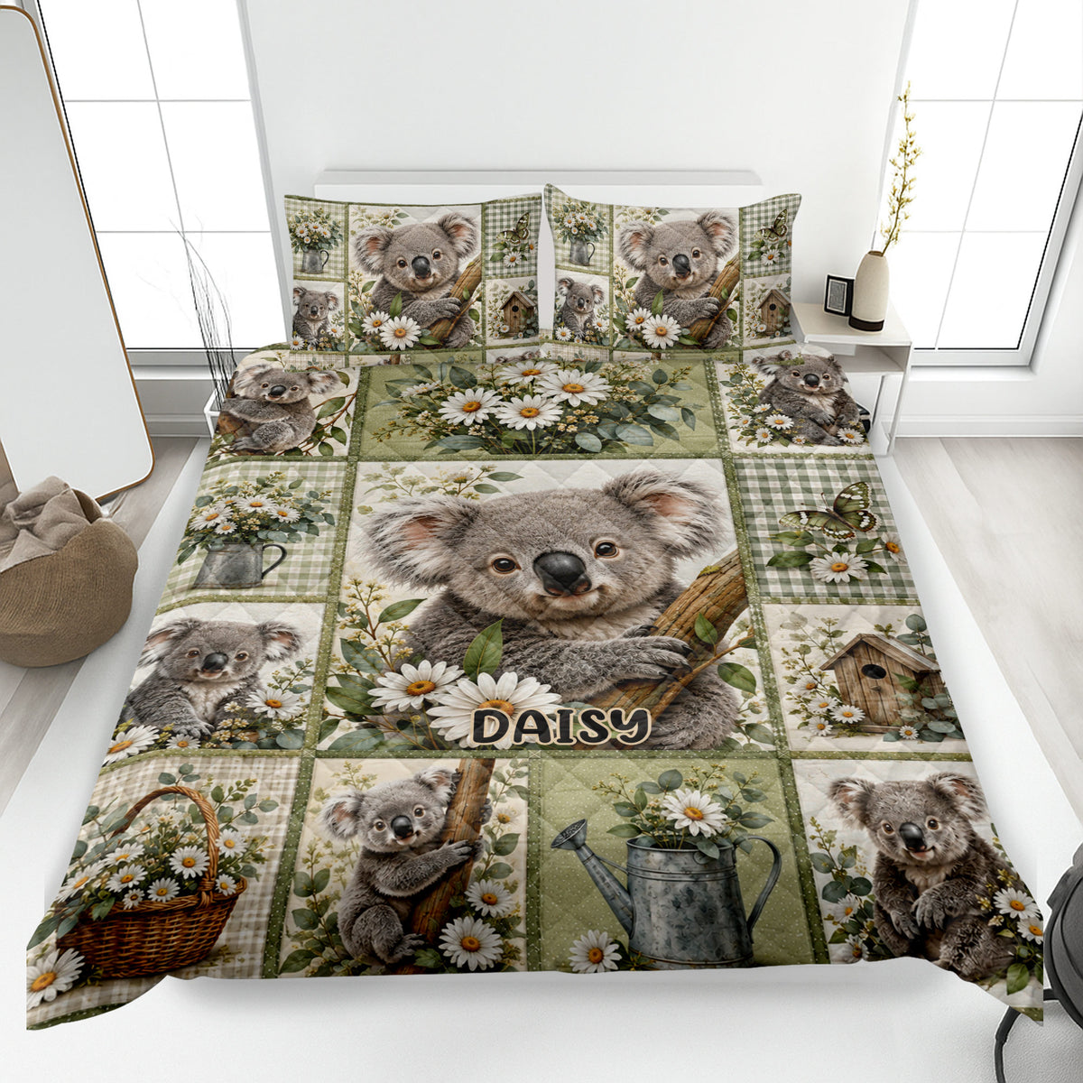 Koala quilt blanket spread across a bedroom with daisies, butterflies, greenery, and cottage garden artwork