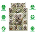 Koala quilt bedding set displayed with floral patchwork artwork and care and quality feature icons