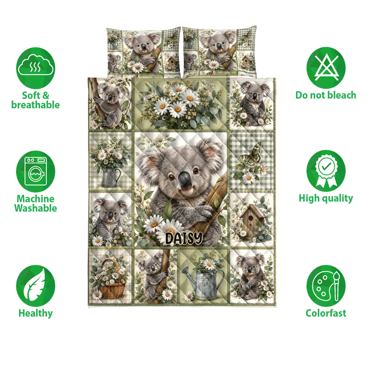 Koala quilt bedding set displayed with floral patchwork artwork and care and quality feature icons