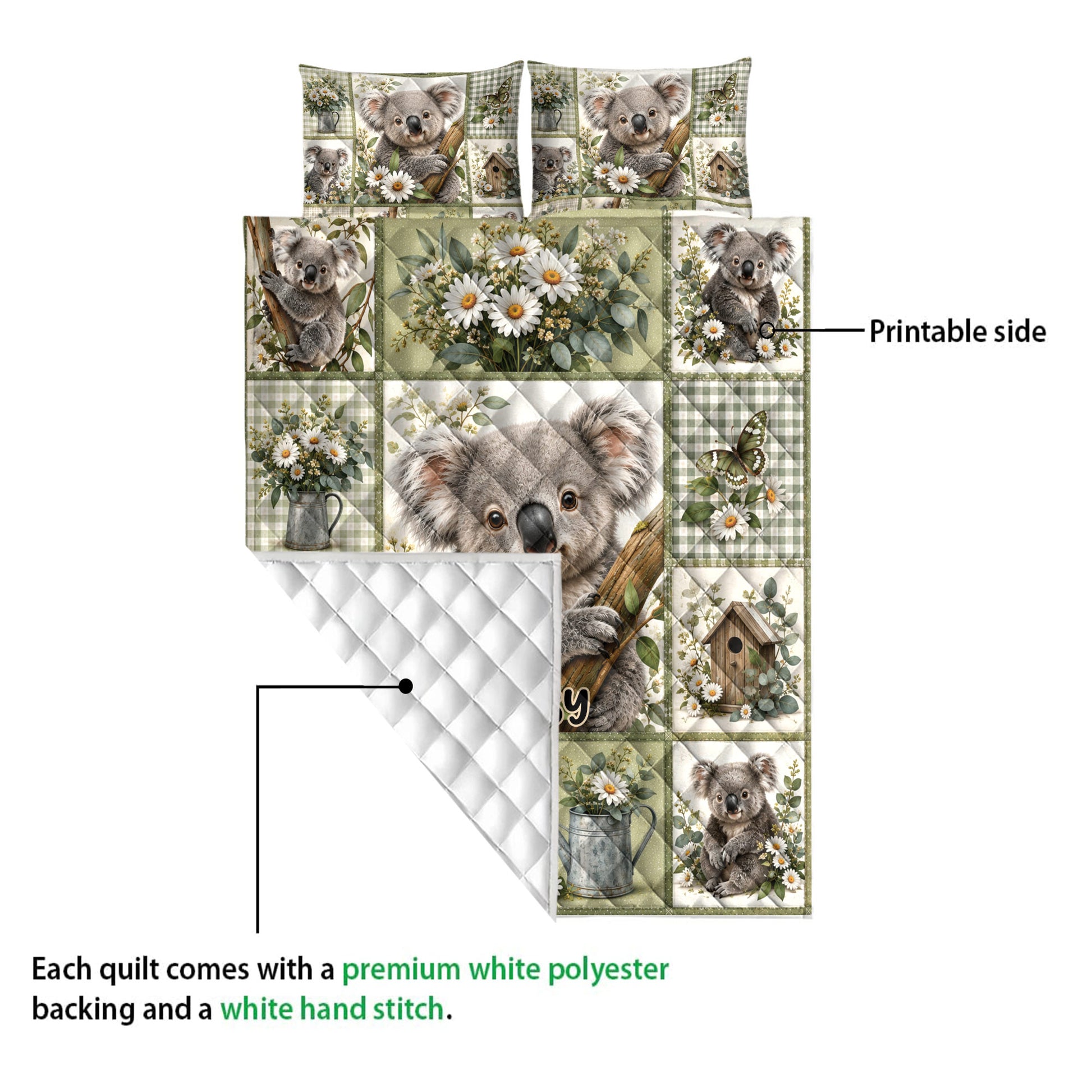 Koala quilt blanket detail showing the printed floral artwork and white quilted backing