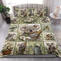Koala quilt blanket styled on a bright bedroom bed with daisy, butterfly, and garden motifs