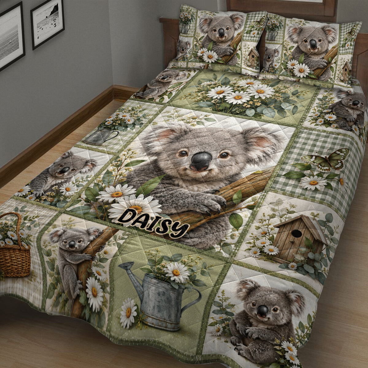 Koala quilt bedding set shown in a cozy bedroom with floral patchwork and woodland garden artwork