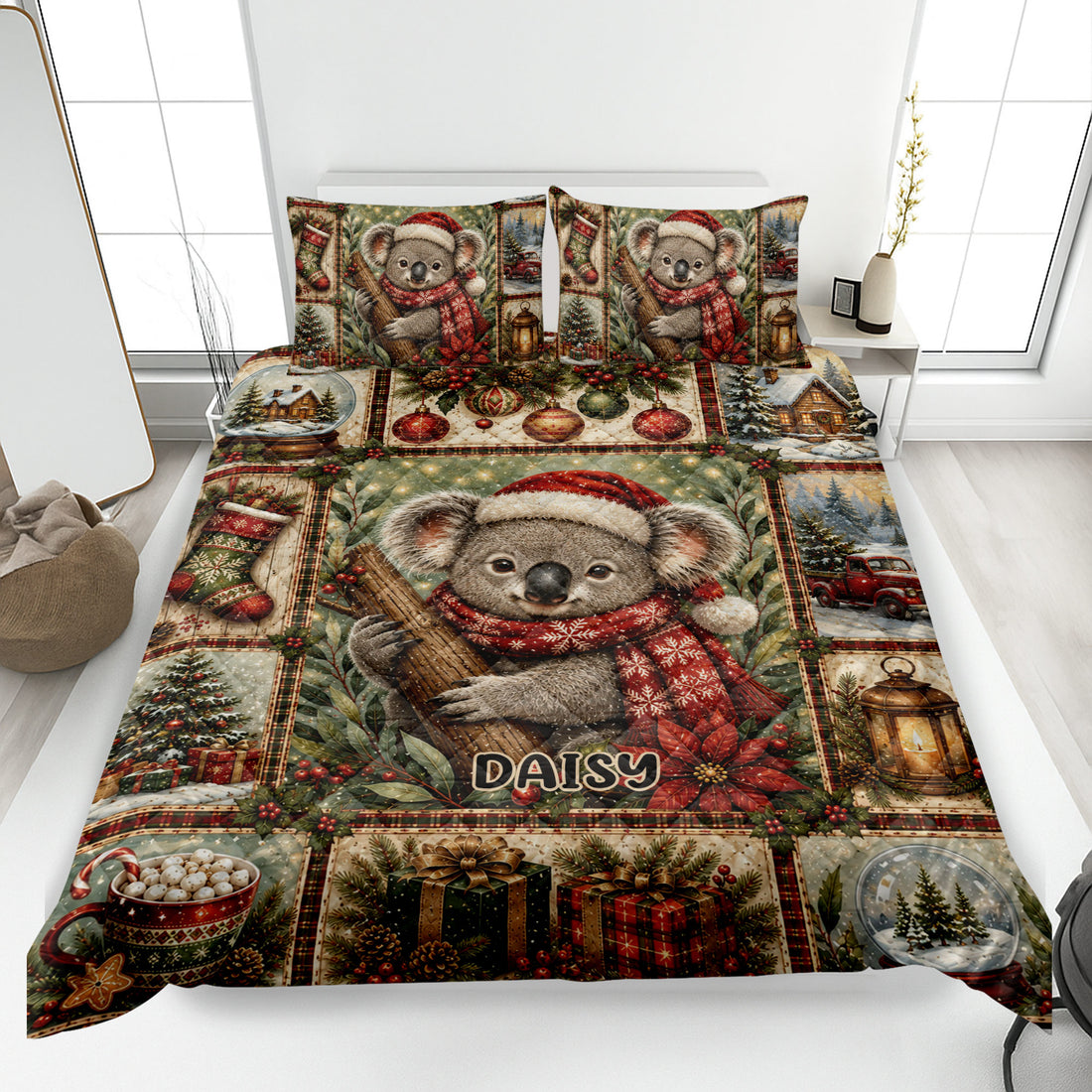 Festive koala quilt blanket displayed on a bed with Christmas trees, gifts, ornaments, and cozy holiday artwork