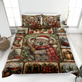 Festive koala quilt blanket displayed on a bed with Christmas trees, gifts, ornaments, and cozy holiday artwork