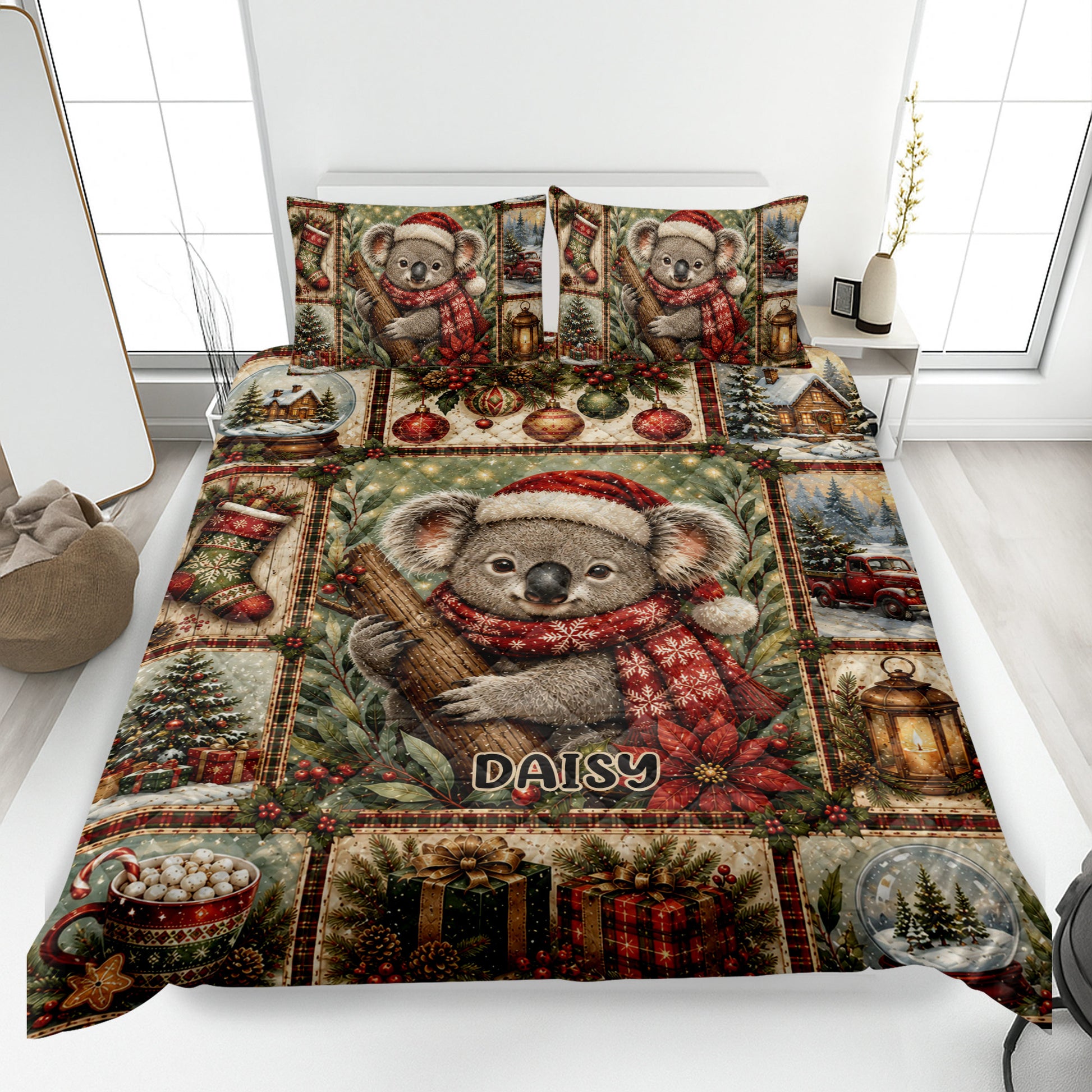 Festive koala quilt blanket displayed on a bed with Christmas trees, gifts, ornaments, and cozy holiday artwork