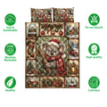Christmas koala quilt blanket shown with soft breathable, machine washable, colorfast, and quality feature icons