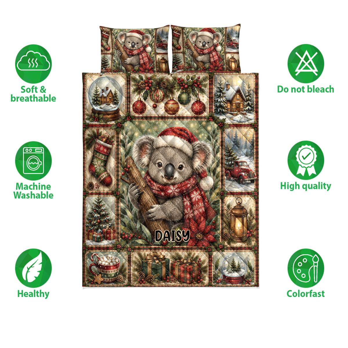 Christmas koala quilt blanket shown with soft breathable, machine washable, colorfast, and quality feature icons