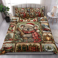 Festive koala quilt bedding styled in a bright bedroom with holiday ornaments, gifts, cabins, and snow scenes