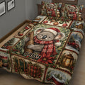 Close bedroom view of a Christmas koala quilt blanket featuring a scarf, Santa hat, poinsettias, and winter scenes