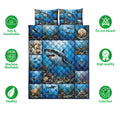 Shark quilt bed set shown with underwater artwork and icons highlighting softness, breathability, washing, and color