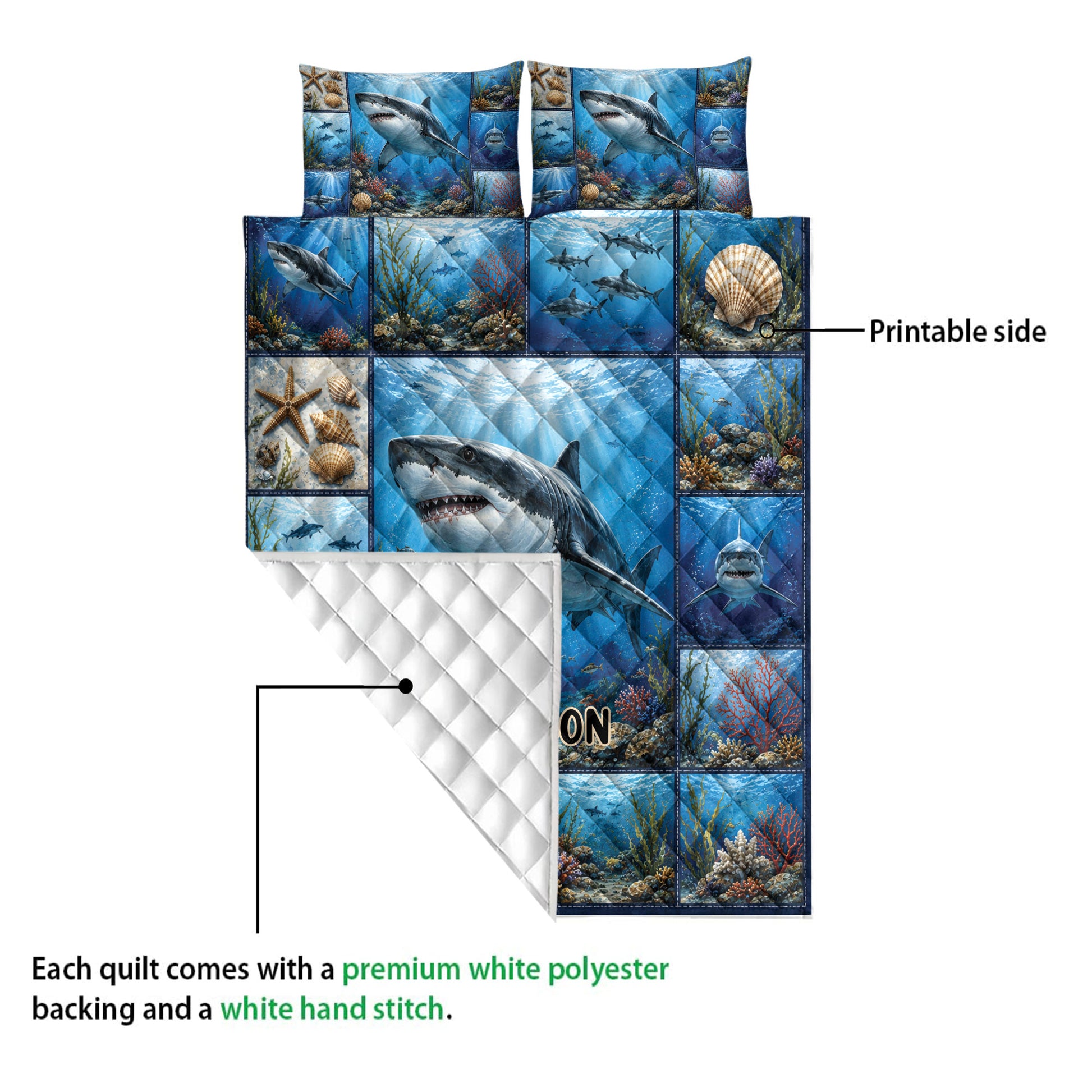 Shark quilt shown with colorful printable ocean artwork and a white quilted backing
