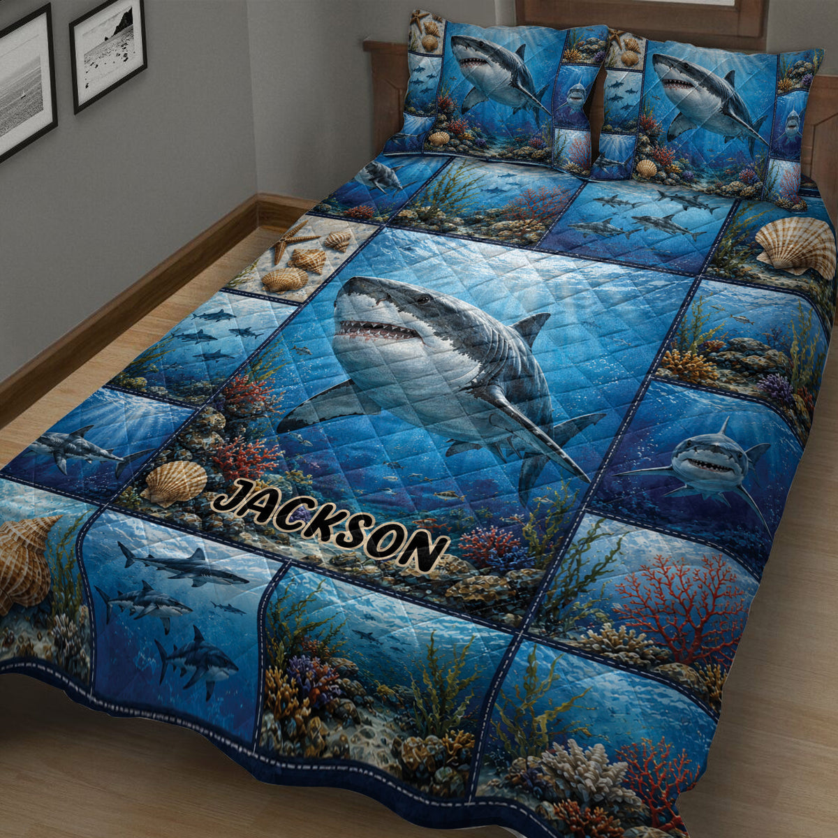 Shark quilt bedding displayed in a cozy bedroom with vivid underwater artwork and coral reef details