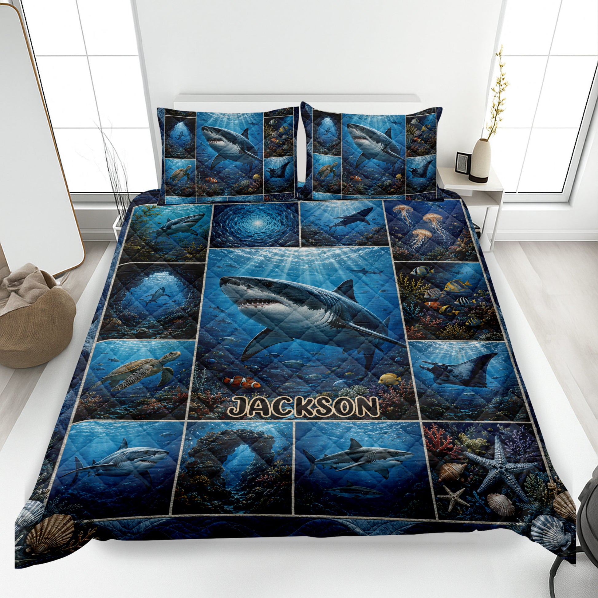 Shark quilt blanket bedding set displayed on a bed with underwater ocean scenes and colorful marine life