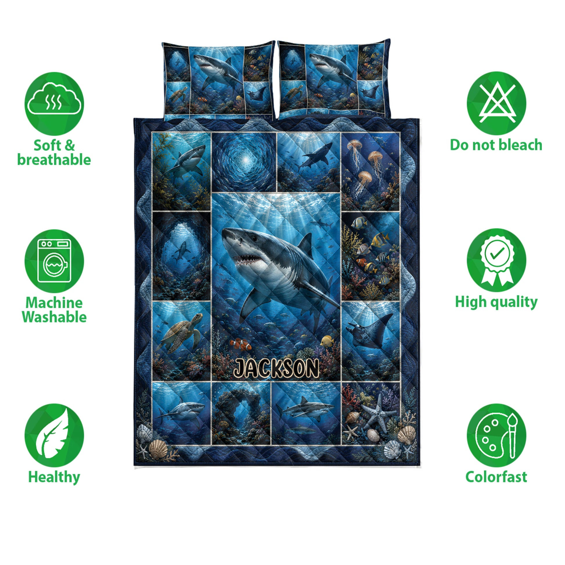 Shark quilt bedding set with underwater artwork, ocean animals, and a deep blue marine theme