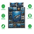 Shark quilt bedding set shown with ocean artwork and icons highlighting softness, washability, and color