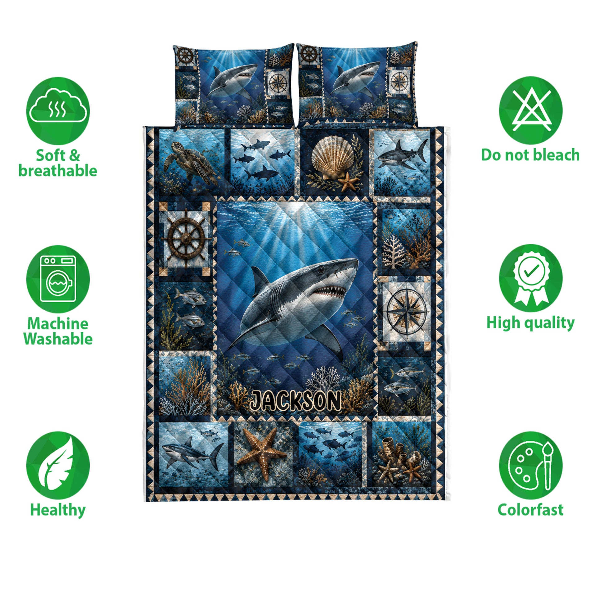 Shark quilt bedding set shown with ocean artwork and icons highlighting softness, washability, and color