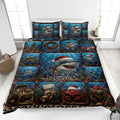 Christmas shark quilt blanket displayed on a bed with ocean scenes, sea life, gifts, and holiday artwork