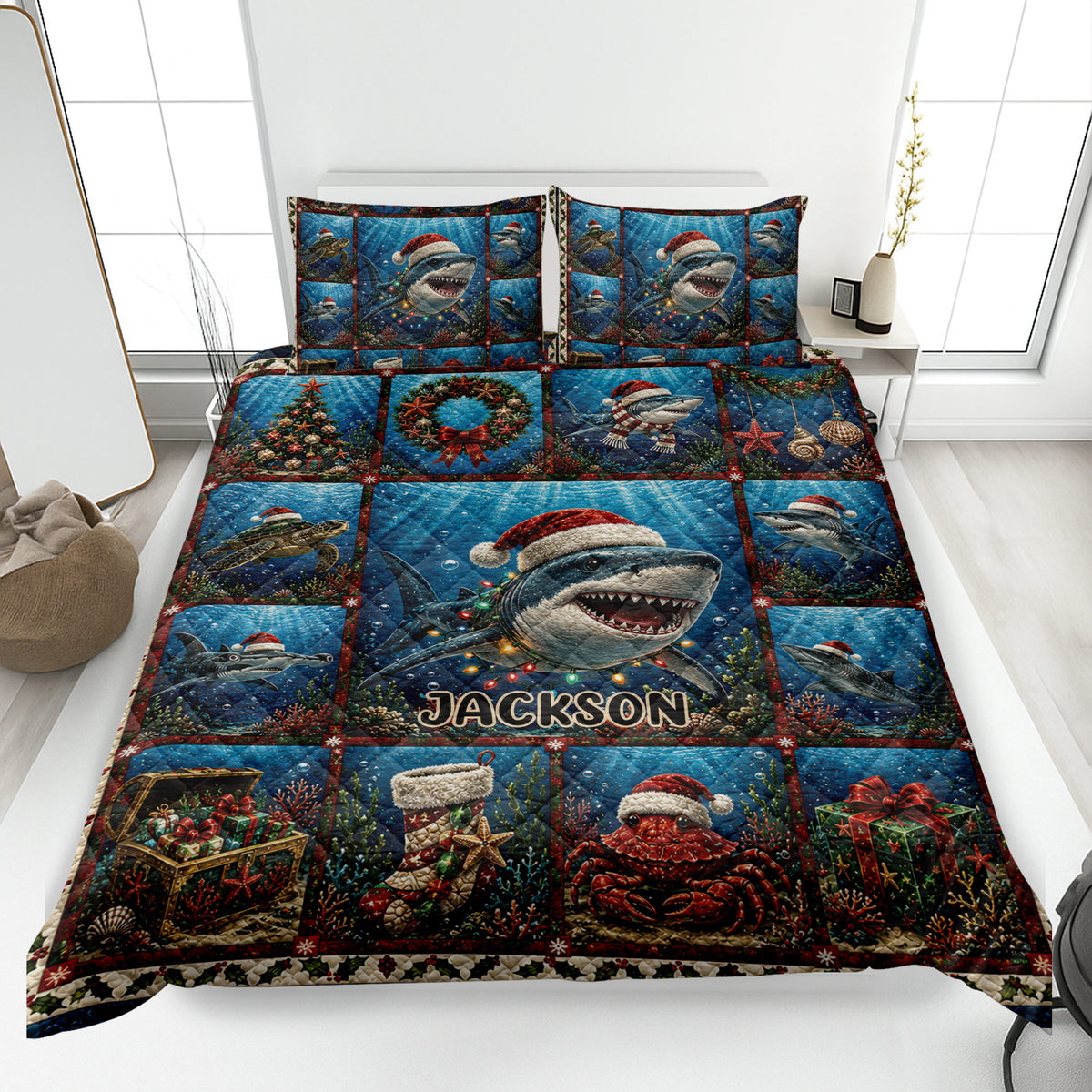 Christmas shark quilt blanket displayed on a bed with ocean scenes, sea life, gifts, and holiday artwork