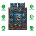 Christmas shark quilt bedding set shown with shark artwork, ocean scenes, and product feature icons