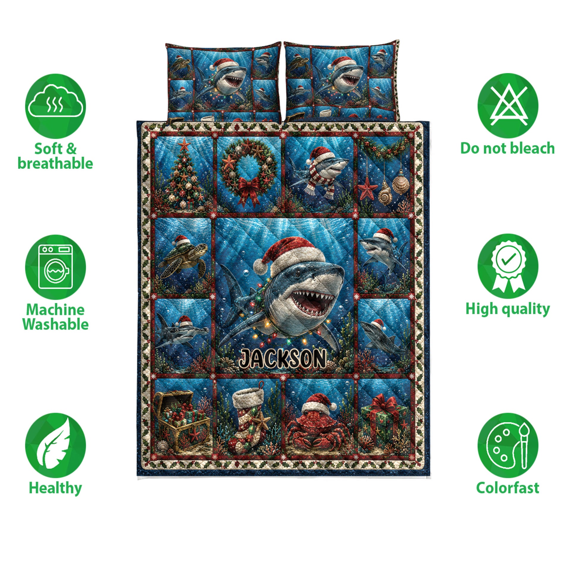 Christmas shark quilt bedding set shown with shark artwork, ocean scenes, and product feature icons