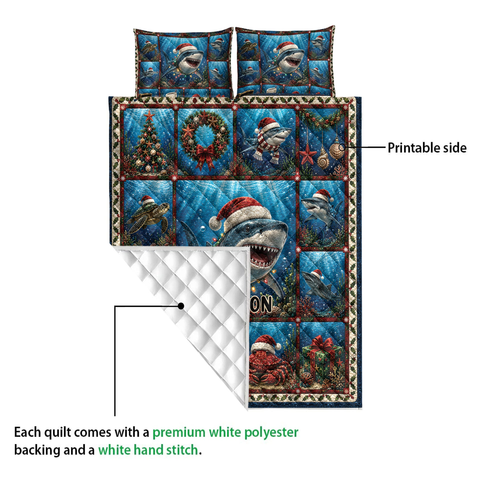 Christmas shark quilt showing the printed ocean artwork and white quilted backing detail
