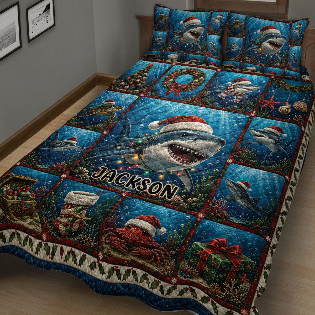 Close bedroom view of a Christmas shark quilt blanket with ocean scenes, sea life, and holiday details
