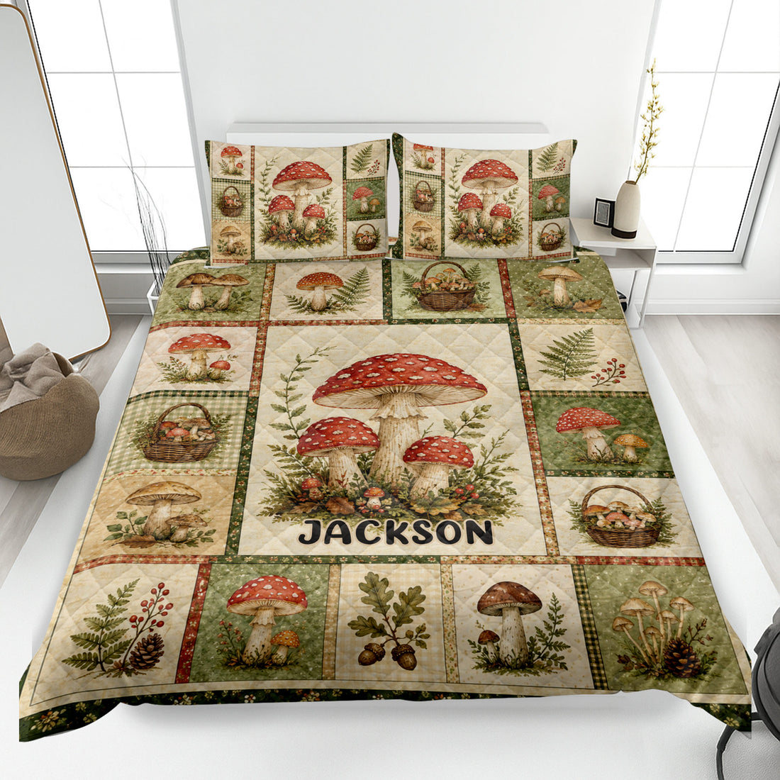 Mushroom quilt blanket bedding set displayed on a bed with vintage woodland artwork in green, cream, and red
