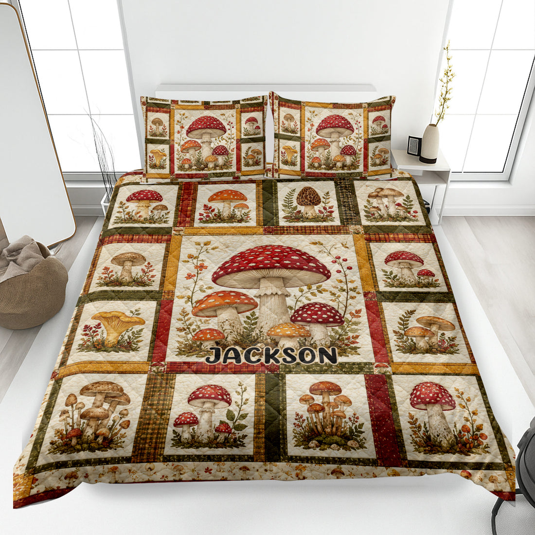 Mushroom quilt blanket displayed on a bed with colorful fungi artwork and woodland-inspired patchwork