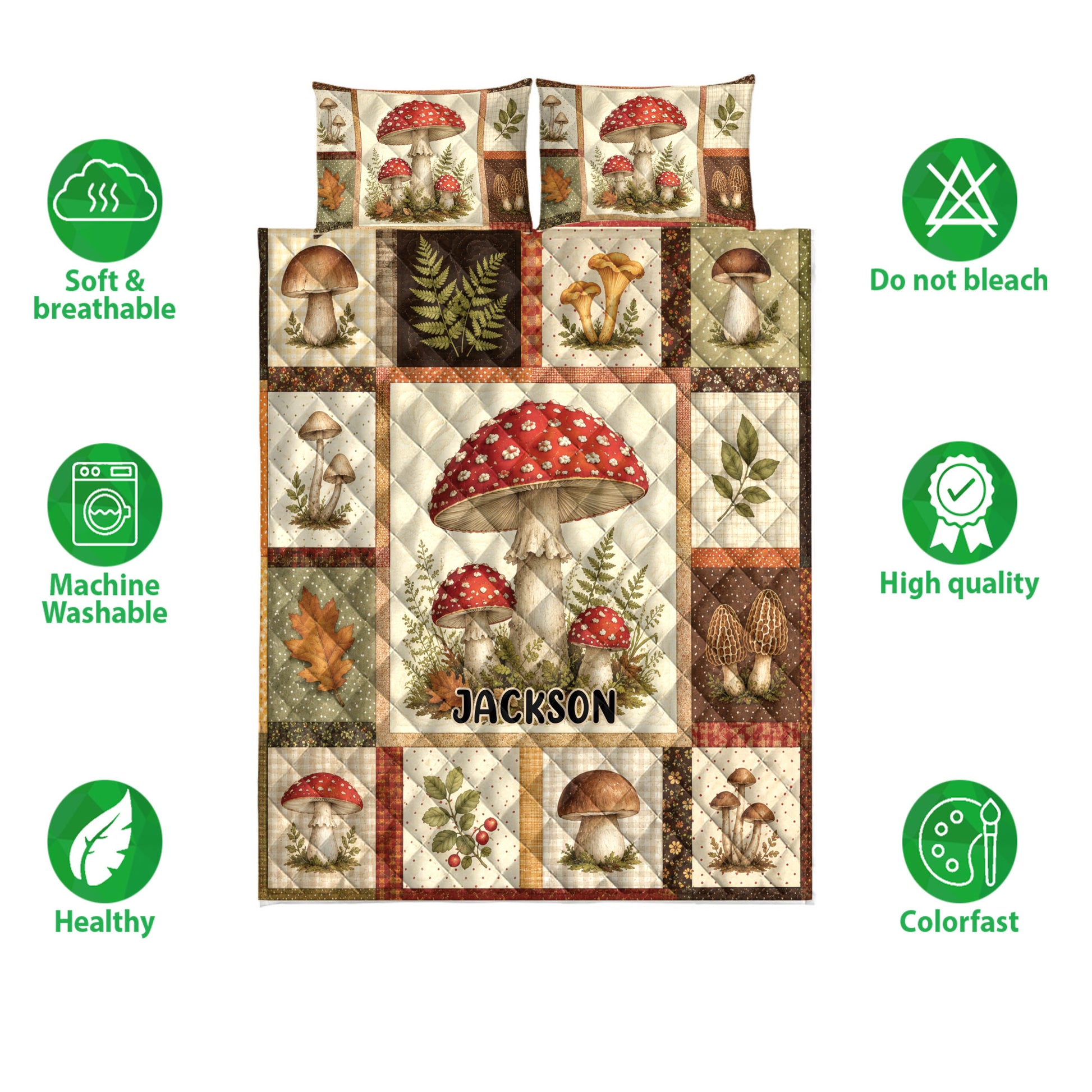 Mushroom quilt bedding set shown with soft breathable construction and a colorful woodland fungi design