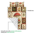 Mushroom quilt detail showing the printed front, white quilted backing, and illustrated woodland panels