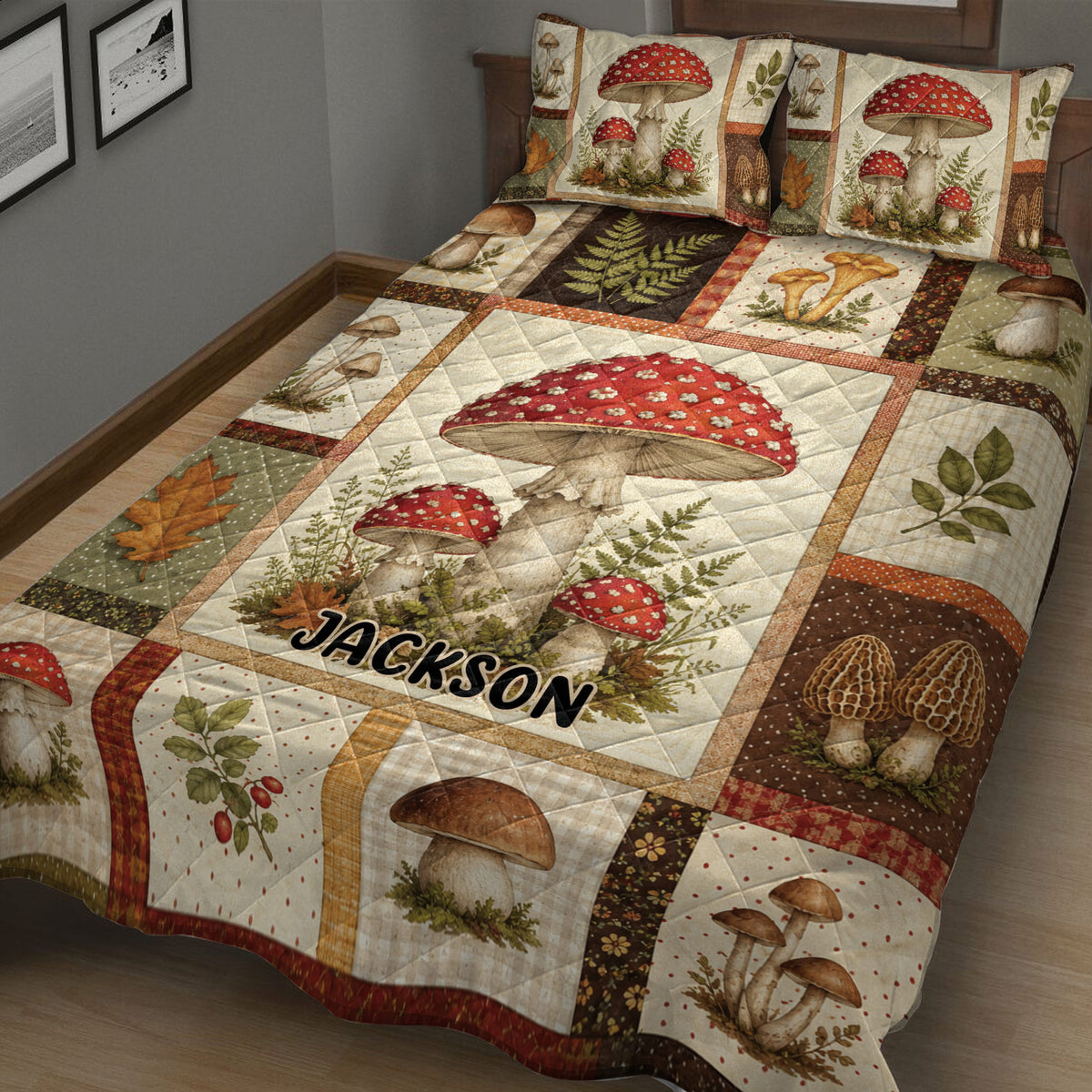 Close bedroom view of a mushroom quilt blanket featuring detailed fungi, ferns, berries, and autumn leaves