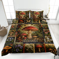 Mushroom quilt bedding set displayed on a bed with red forest mushrooms, ferns, flowers, and butterflies