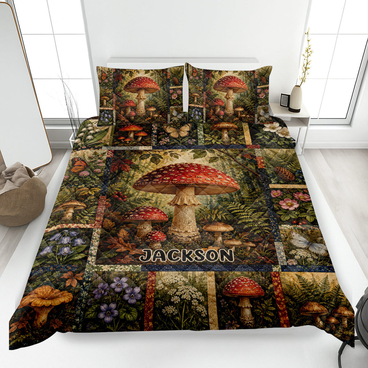 Mushroom quilt bedding set displayed on a bed with red forest mushrooms, ferns, flowers, and butterflies