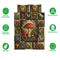 Mushroom quilt blanket set shown with woodland artwork and product feature icons around the design