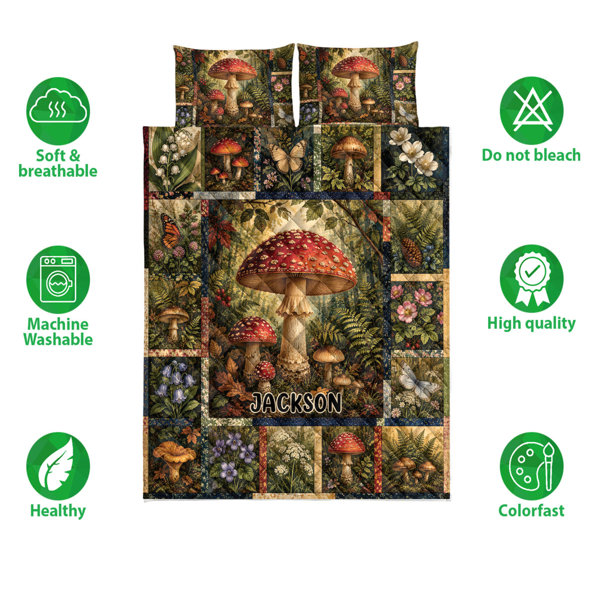 Mushroom quilt blanket set shown with woodland artwork and product feature icons around the design