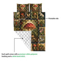Mushroom quilt shown with a printed woodland front and white quilted backing detail