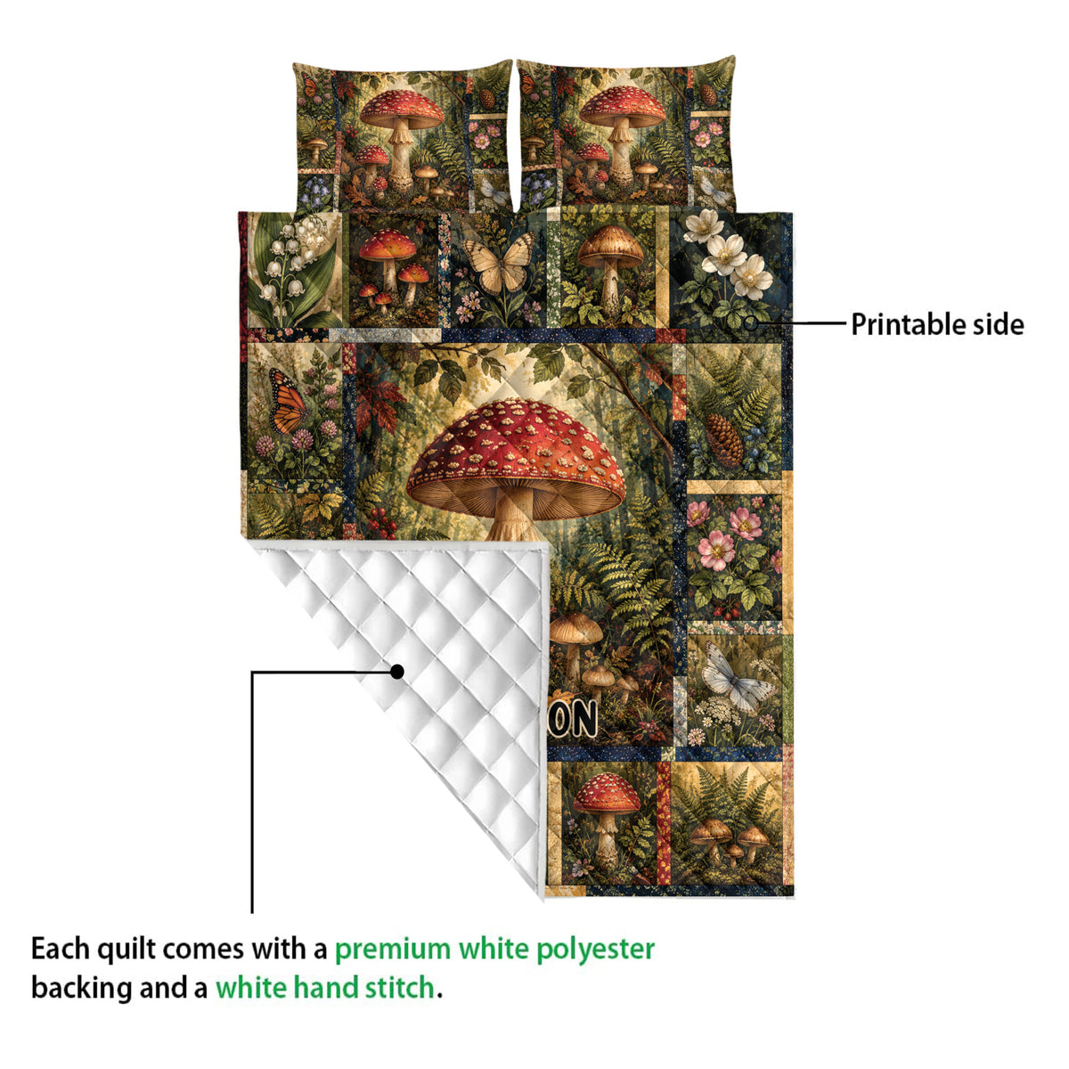 Mushroom quilt shown with a printed woodland front and white quilted backing detail