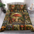 Mushroom quilt bedding styled in a bright bedroom with forest fungi, botanical panels, and butterfly artwork