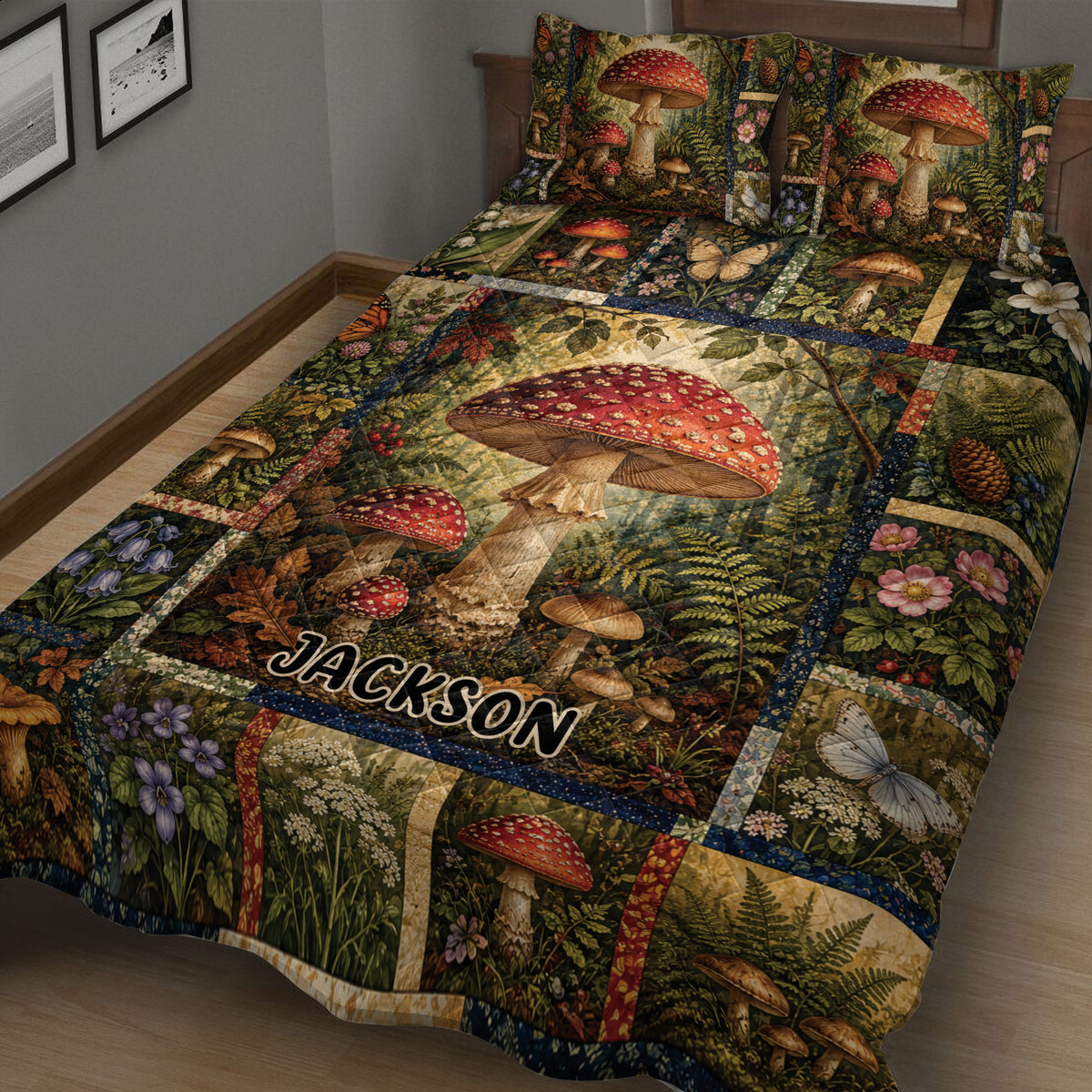 Close bedroom view of a mushroom quilt featuring detailed forest fungi, flowers, ferns, and butterflies