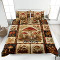 Mushroom quilt blanket spread across a bed with autumn leaves, berry branches, and woodland basket artwork
