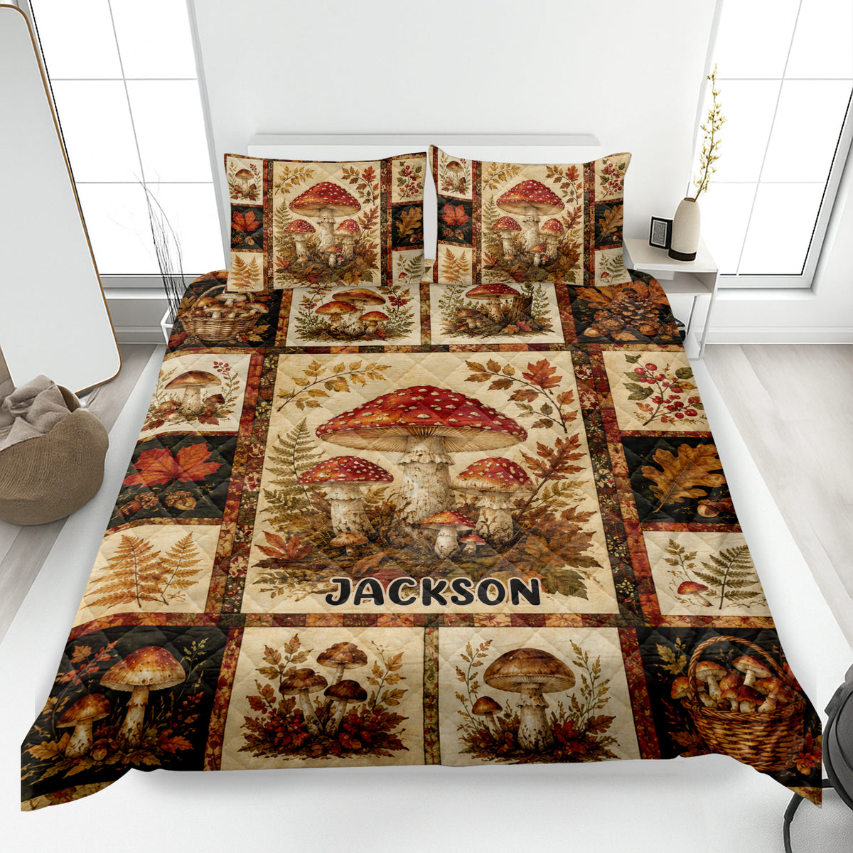 Mushroom quilt blanket spread across a bed with autumn leaves, berry branches, and woodland basket artwork