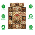 Mushroom quilt bedding set displayed flat with colorful forest artwork and product feature icons
