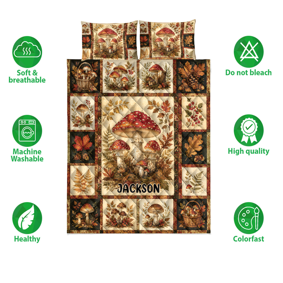 Mushroom quilt bedding set displayed flat with colorful forest artwork and product feature icons