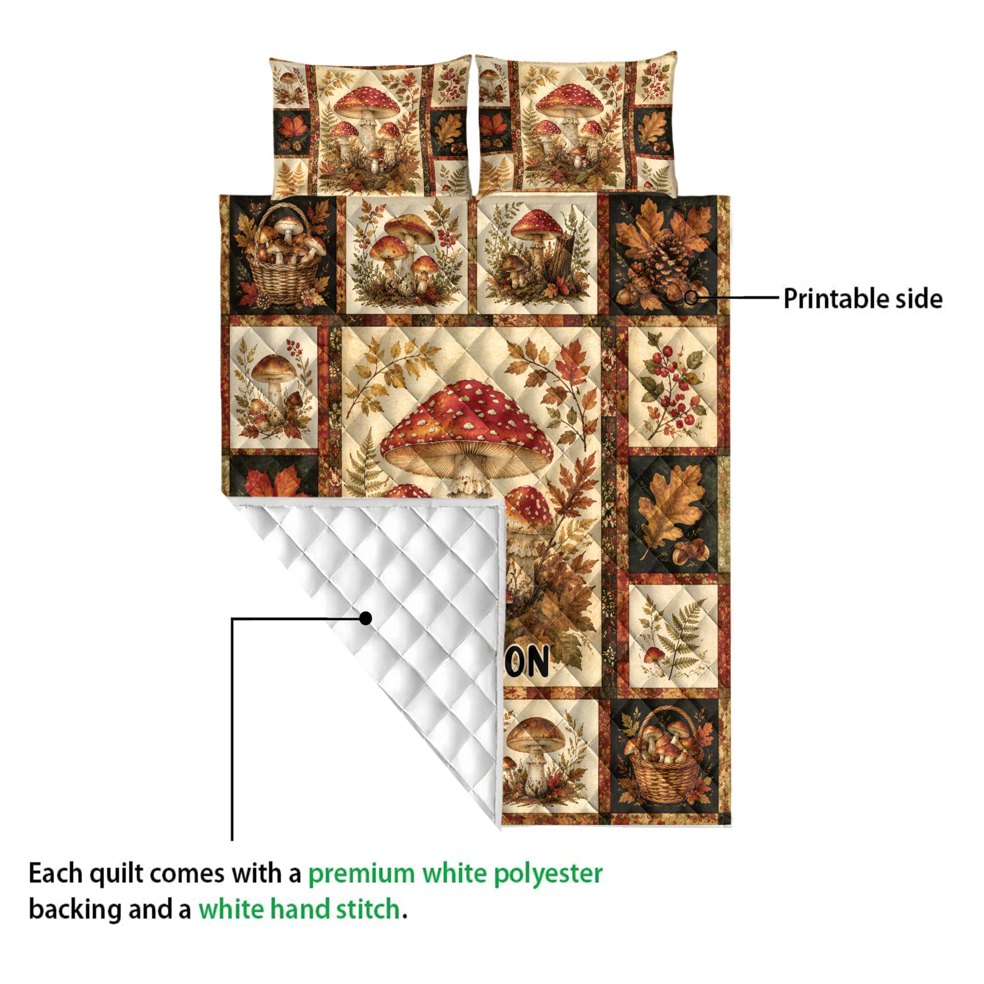 Mushroom quilt showing the printed front design and white quilted reverse side