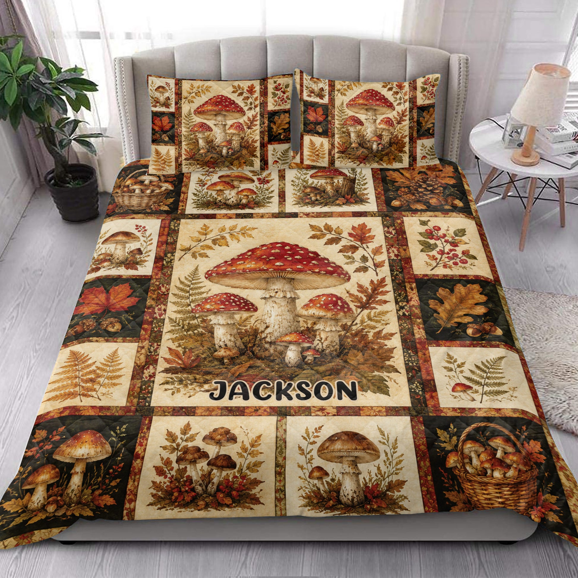 Mushroom quilt blanket styled in a bright bedroom with autumn woodland artwork