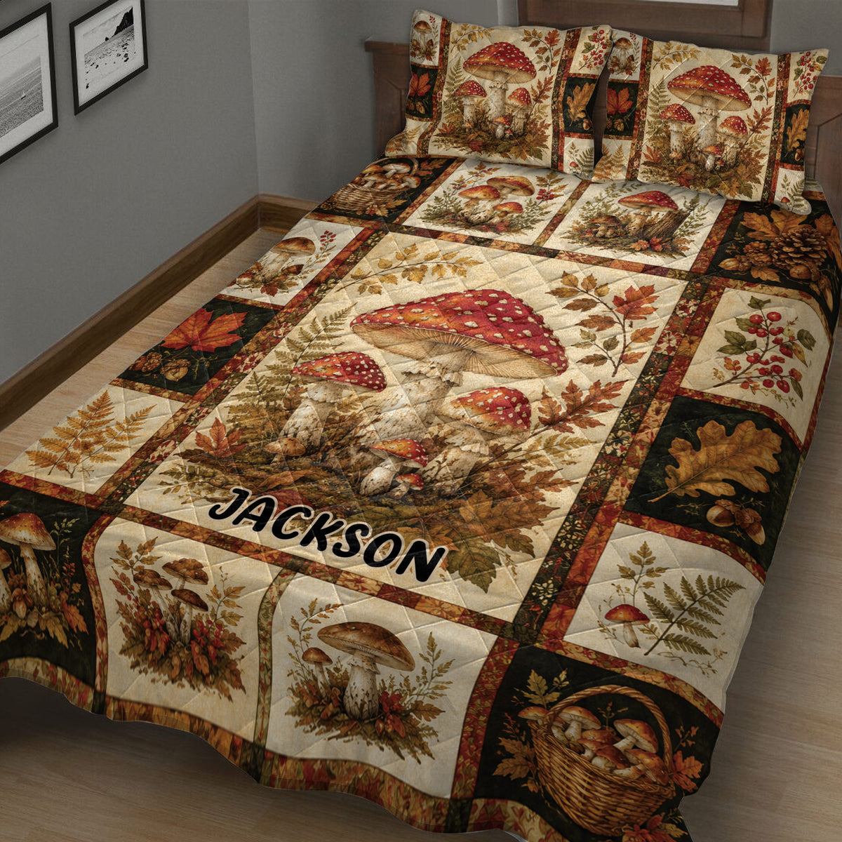 Close view of mushroom quilt bedding with forest fungi, leaves, berries, and basket illustrations