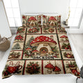 Mushroom quilt blanket displayed on a bed with red toadstools, Christmas trees, poinsettias, and woodland holiday artwork