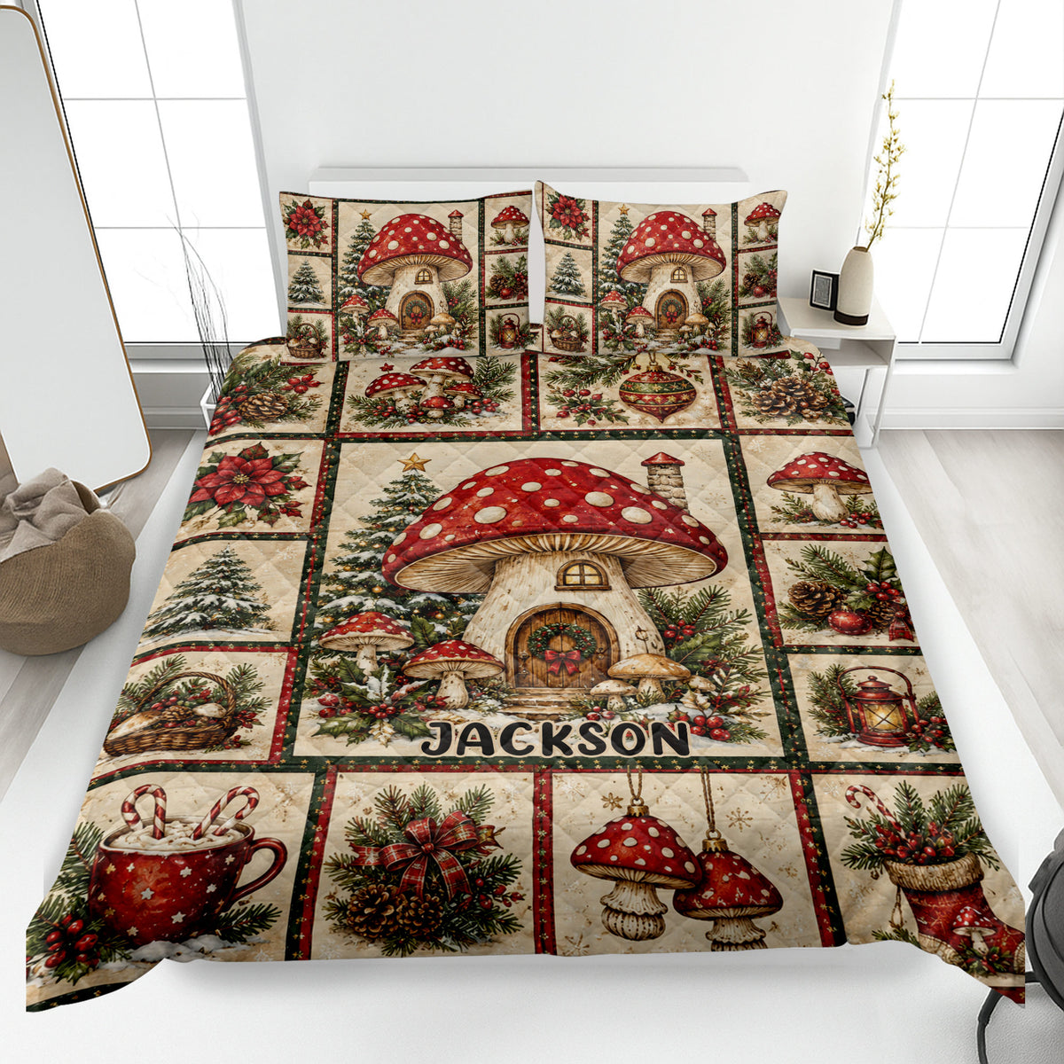 Mushroom quilt blanket displayed on a bed with red toadstools, Christmas trees, poinsettias, and woodland holiday artwork