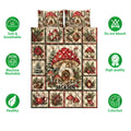 Mushroom quilt bedding set shown with red toadstools, festive greenery, ornaments, and a holiday woodland print